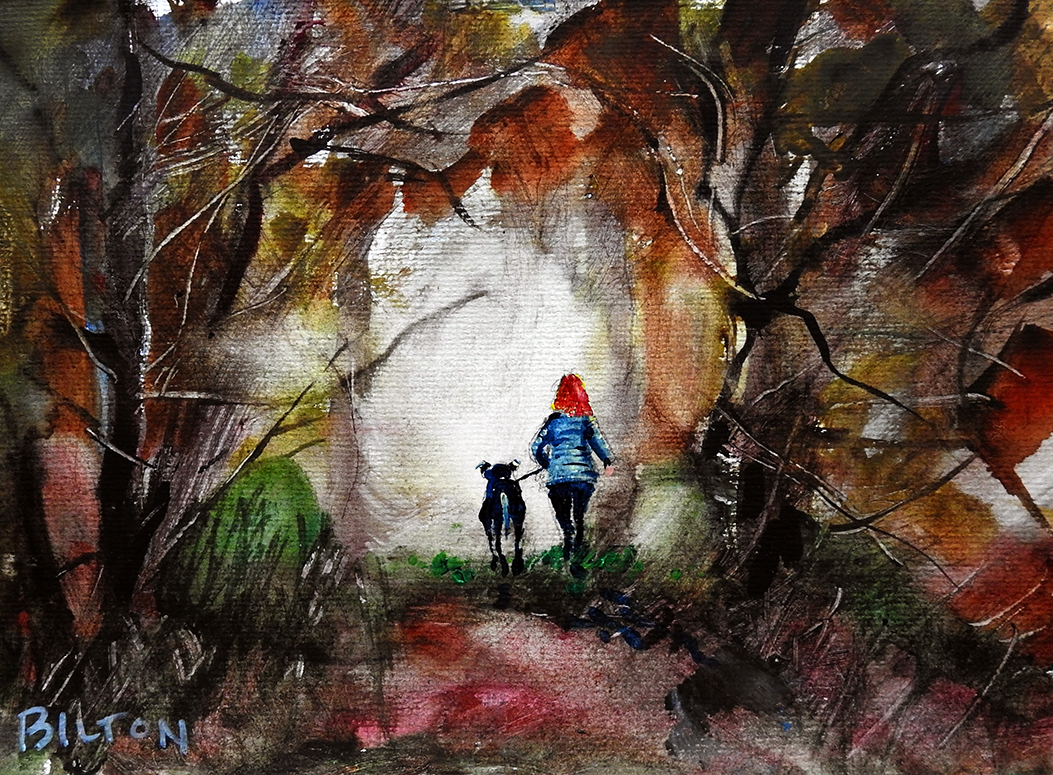 A painting of a dog walker surrounded by trees